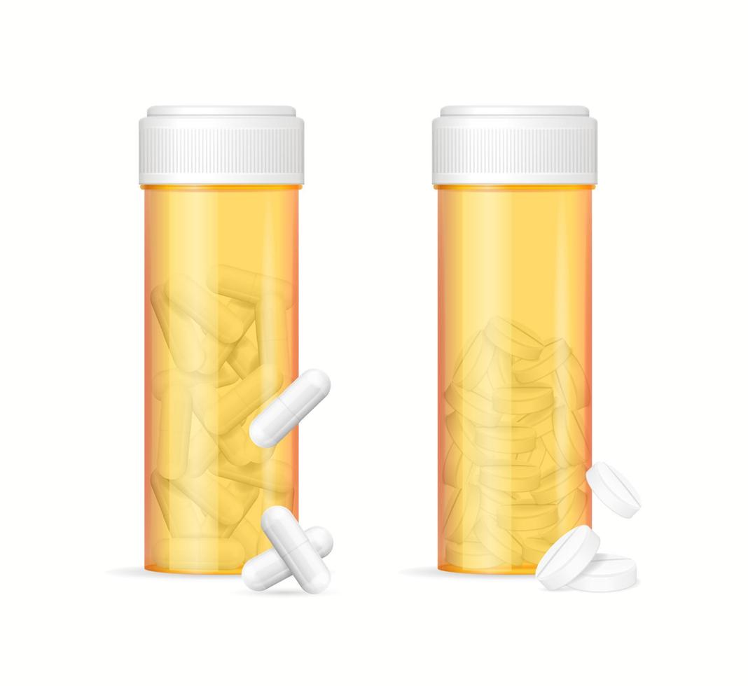 juego de tabletas y botellas de pastillas de naranja 3d detalladas y realistas. vector