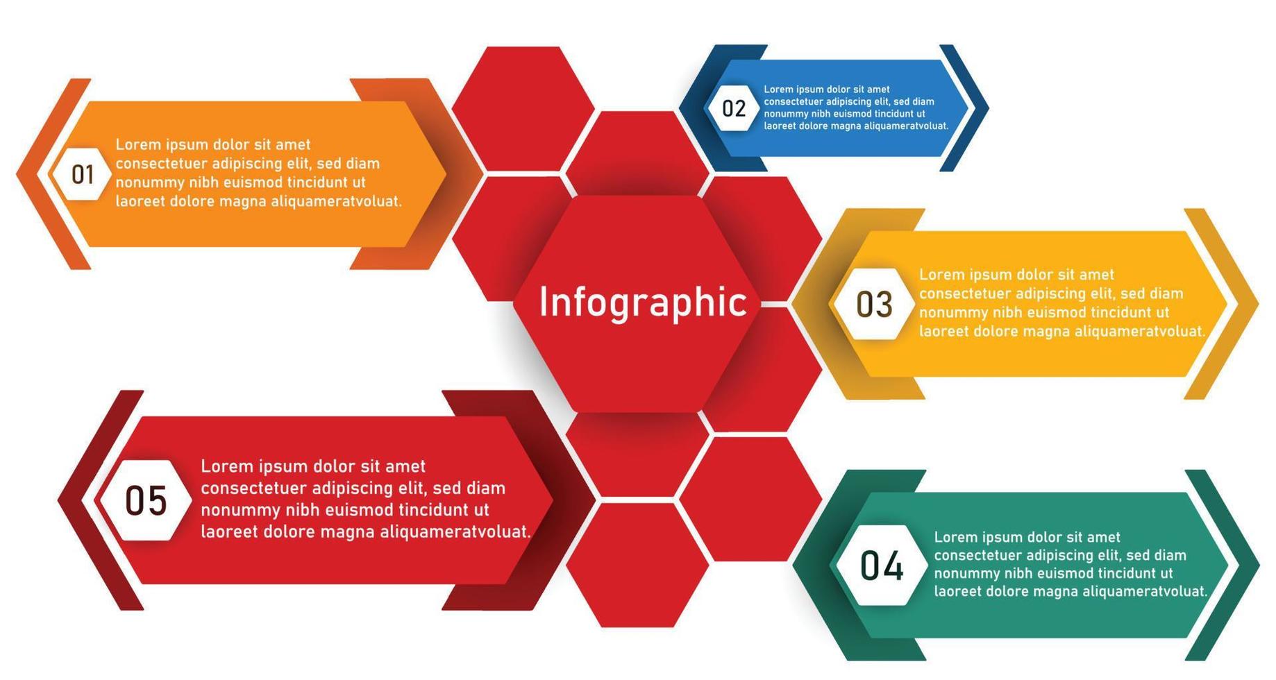 plantilla infográfica para presentación de información empresarial. hexágono vectorial y elementos geométricos. diagramas de flujo de trabajo modernos. reportar plan 5 temas vector