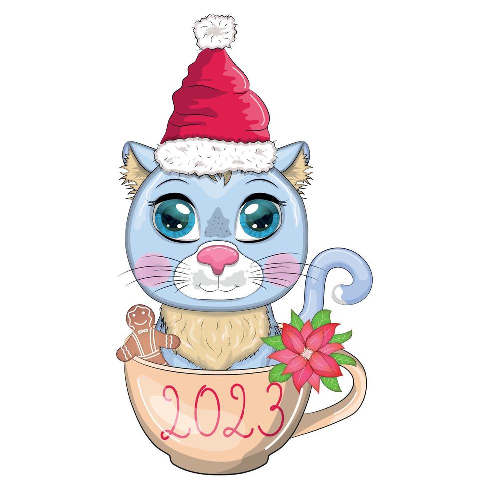 Cute cartoon cat in a Santa hat in a cup with cookies and an inscription. Winter 2023, Christmas and Chinese New vector