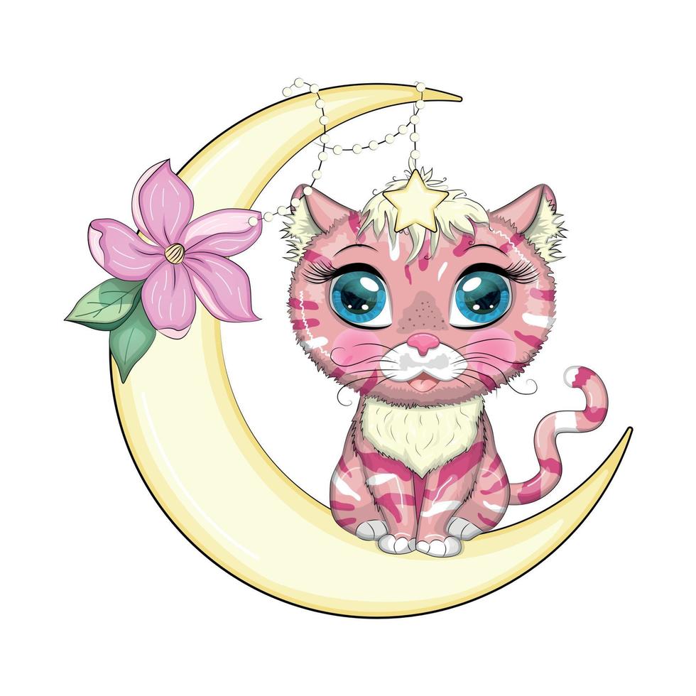 Cartoon cat on the moon with flowers. Cute child character, symbol of 2023 new chinese year vector