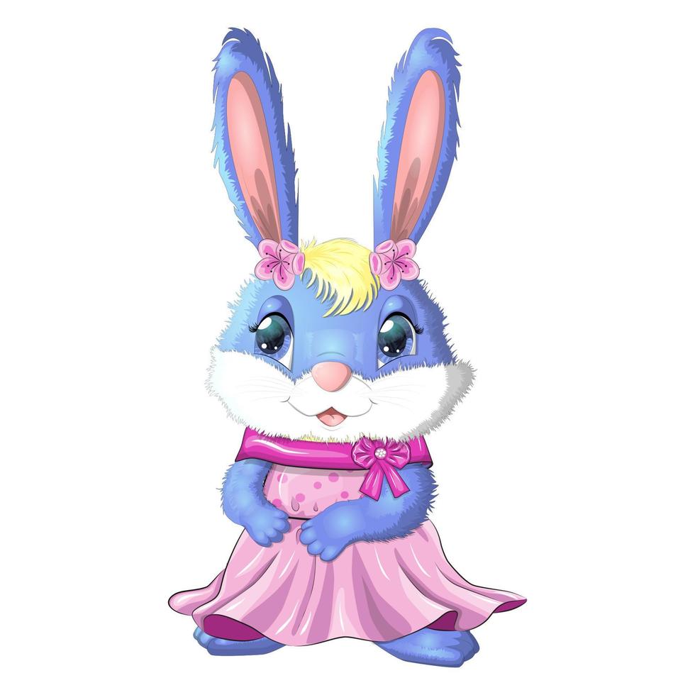 Cartoon rabbit, hare girl in dress, princess. Cute childish character, Easter, spring, symbol of 2023 Chinese New vector