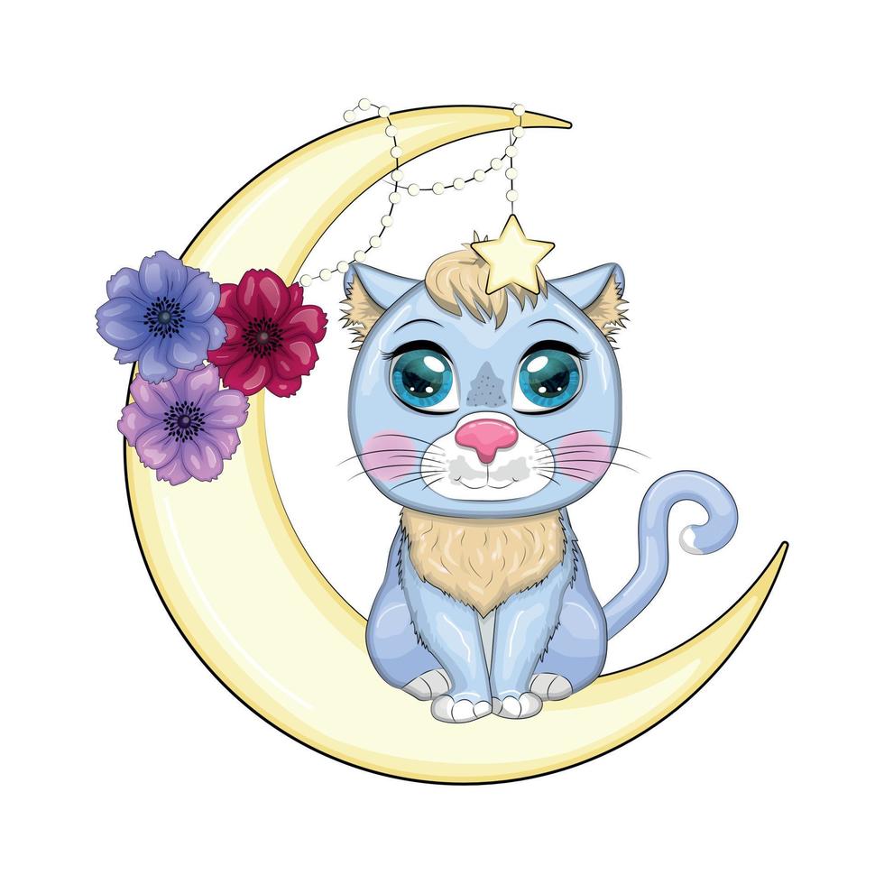 Cartoon cat on the moon with flowers. Cute child character, symbol of 2023 new chinese year vector