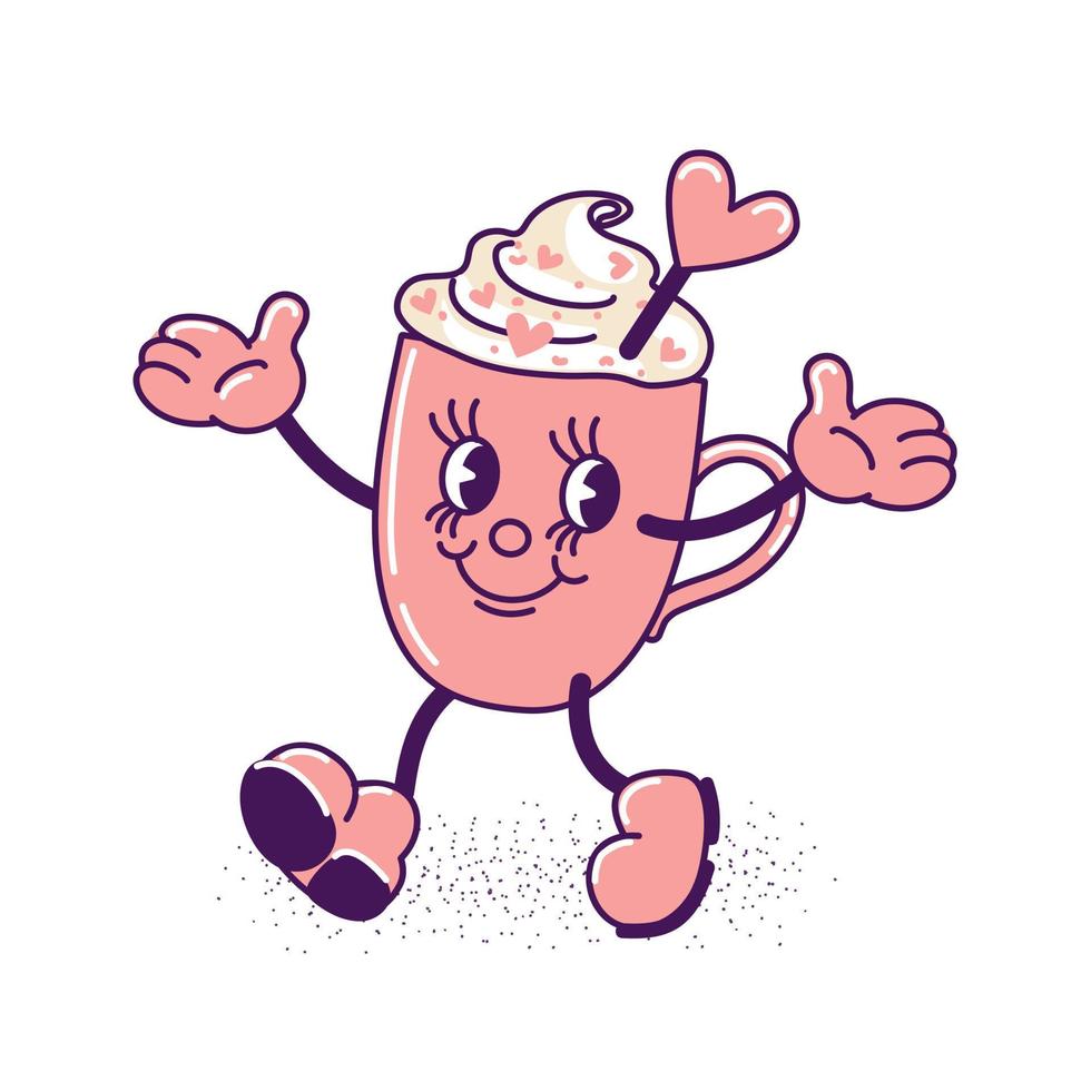 Coffee mug with whipped cream dancing and smiling. Confectionery sprinkles, heart lollipop. Trendy old retro cartoon style. Vintage food illustration for valentines day, sticker, poster, design. vector