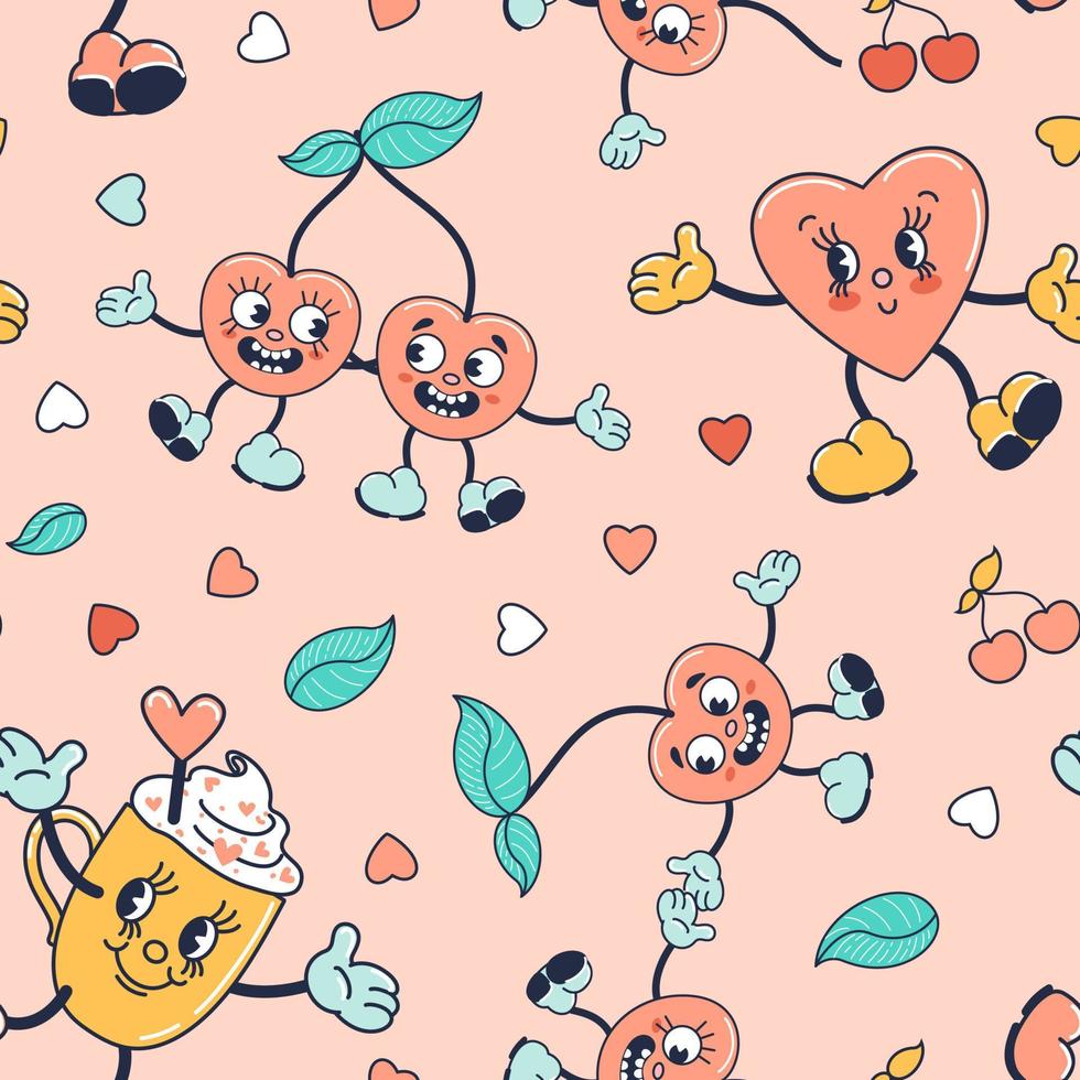 Pattern, couple of cherries in love, hot chocolate with whipped cream, heart. Trendy old retro cartoon style. Pastel shades. Vintage vector illustration for valentines day, wallpaper, fabric, wrapping