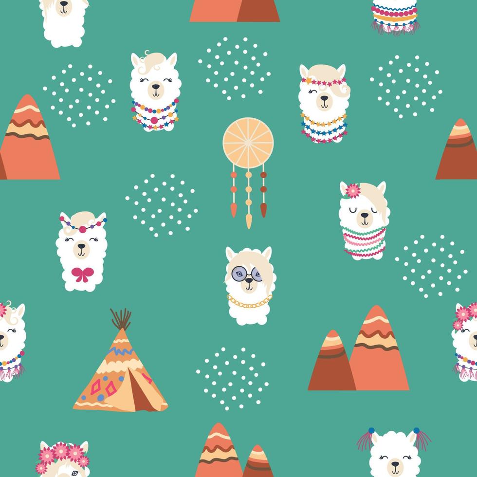 Seamless pattern with llama, alpaca faces. Cute drawings of llama head with hearts, inscription, mountains, cacti, star, dreamcatcher vector