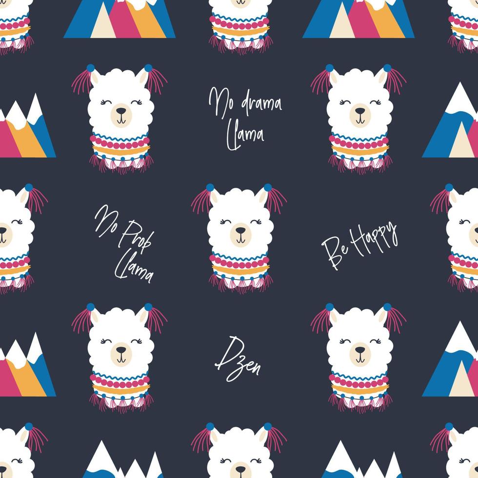 Seamless pattern with llama, alpaca faces. Cute drawings of llama head with hearts, inscription, mountains, cacti, star, dreamcatcher vector