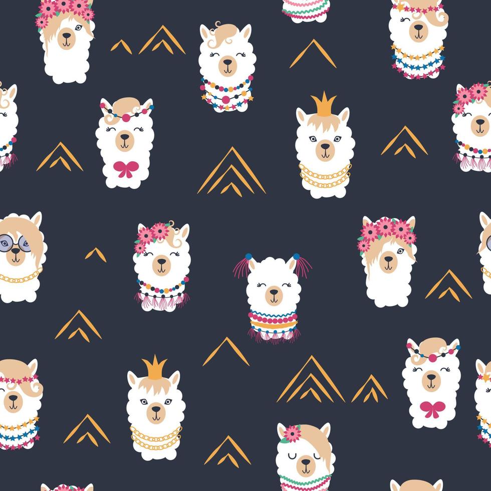 Seamless pattern with llama, alpaca faces. Cute drawings of llama head with hearts, inscription, mountains, cacti, star, dreamcatcher vector