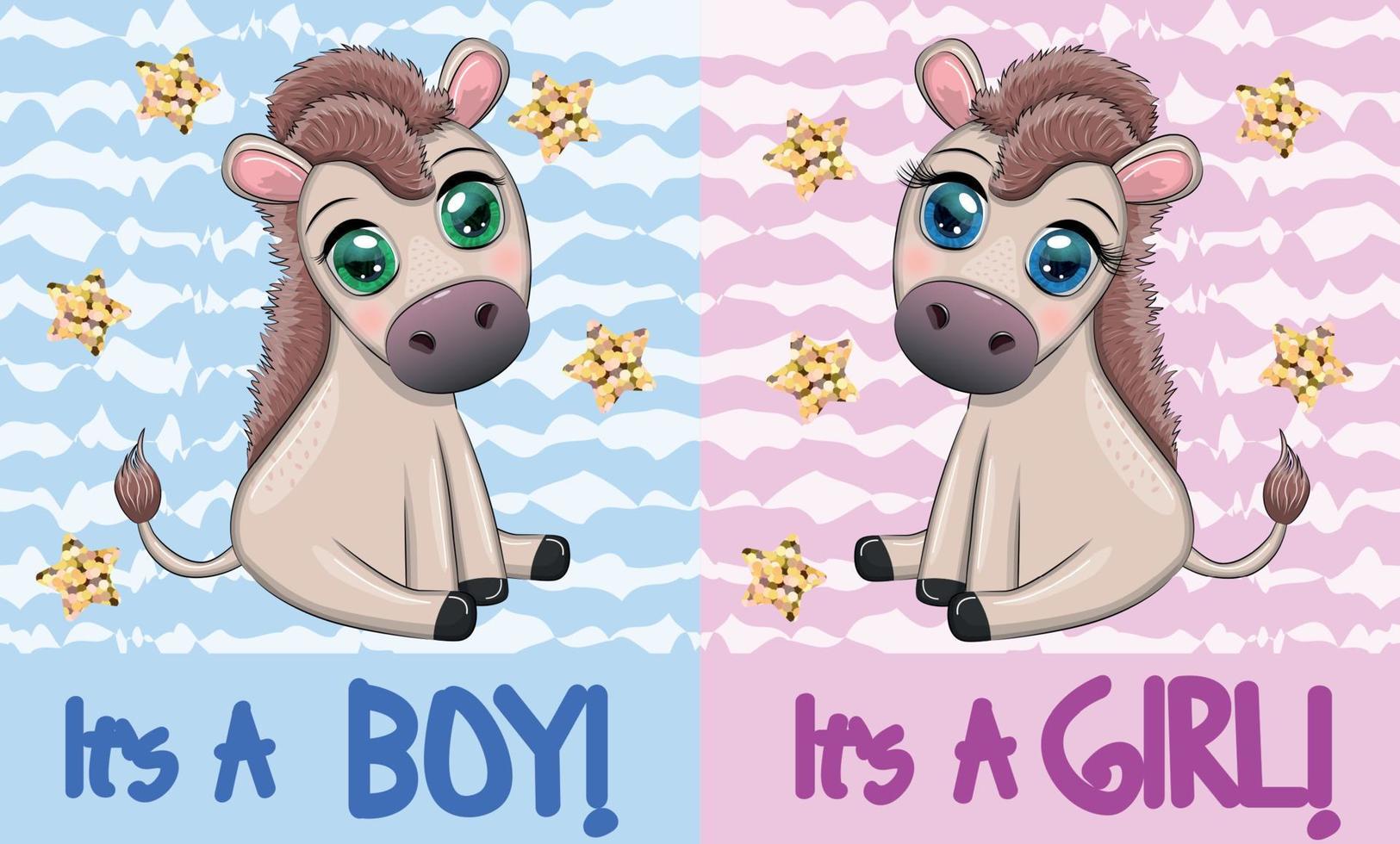 Baby shower party with cute cartoon donkey, pony boy and girl vector