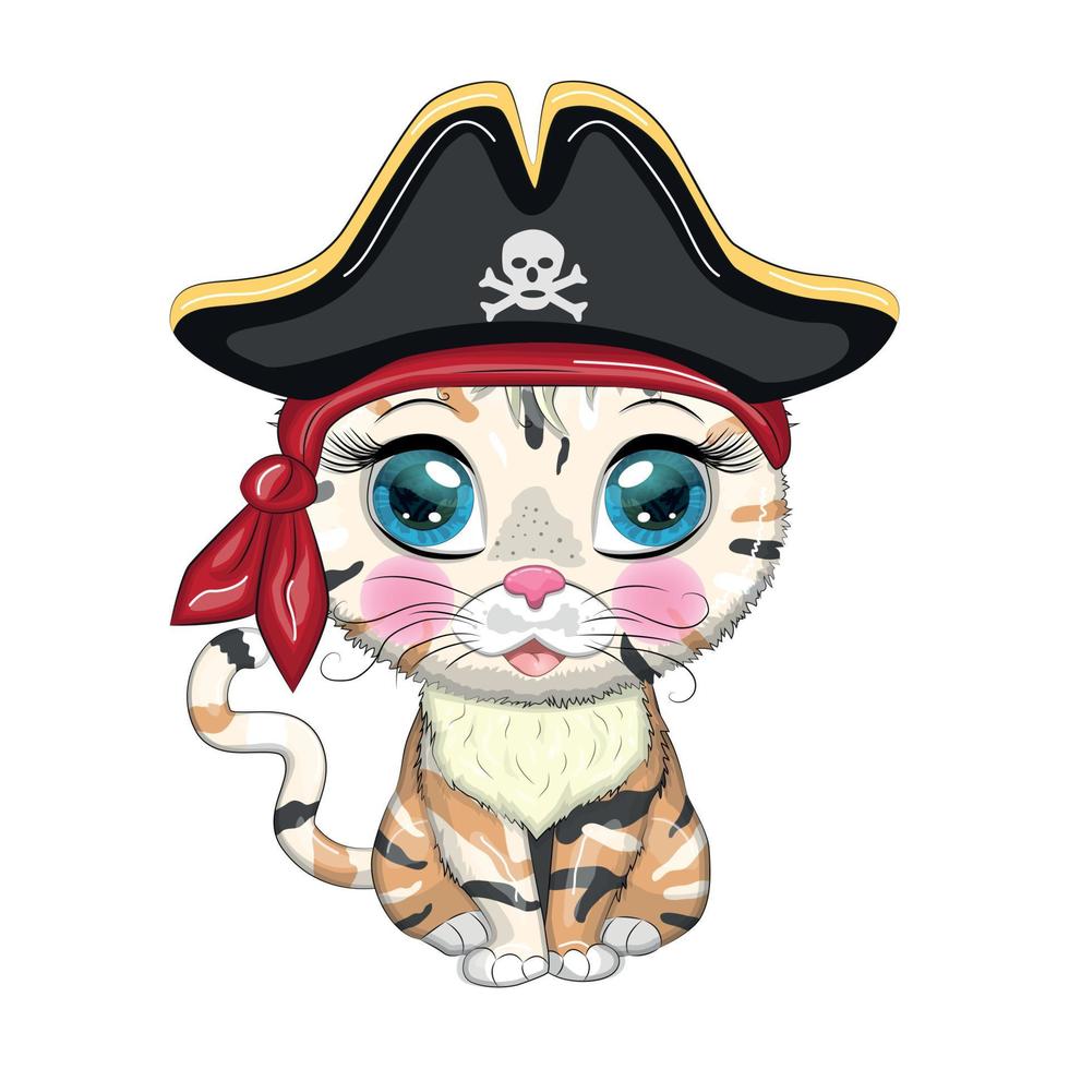 Cat pirate, cartoon character of the game, wild animal cat in a bandana and a cocked hat with a skull, with an eye patch. vector