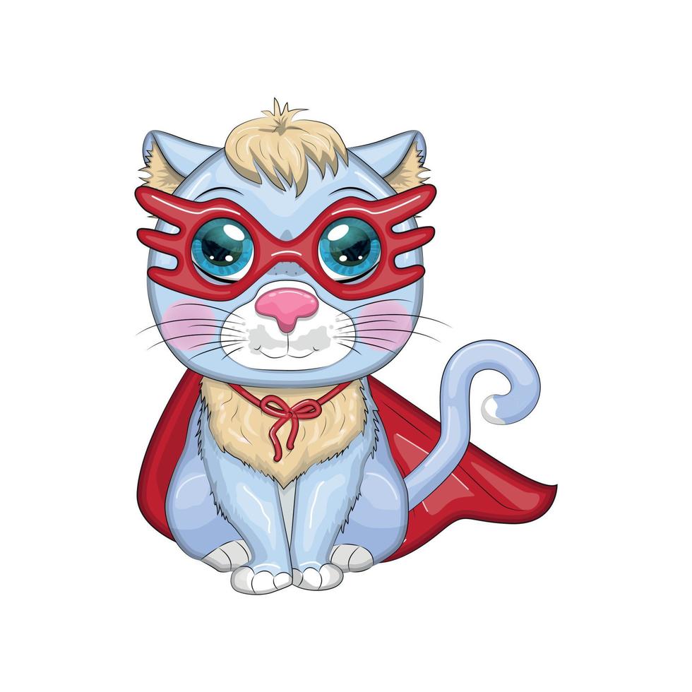 Cartoon cat superhero in a red cloak and mask. Cute child character, symbol of 2023 new chinese year vector