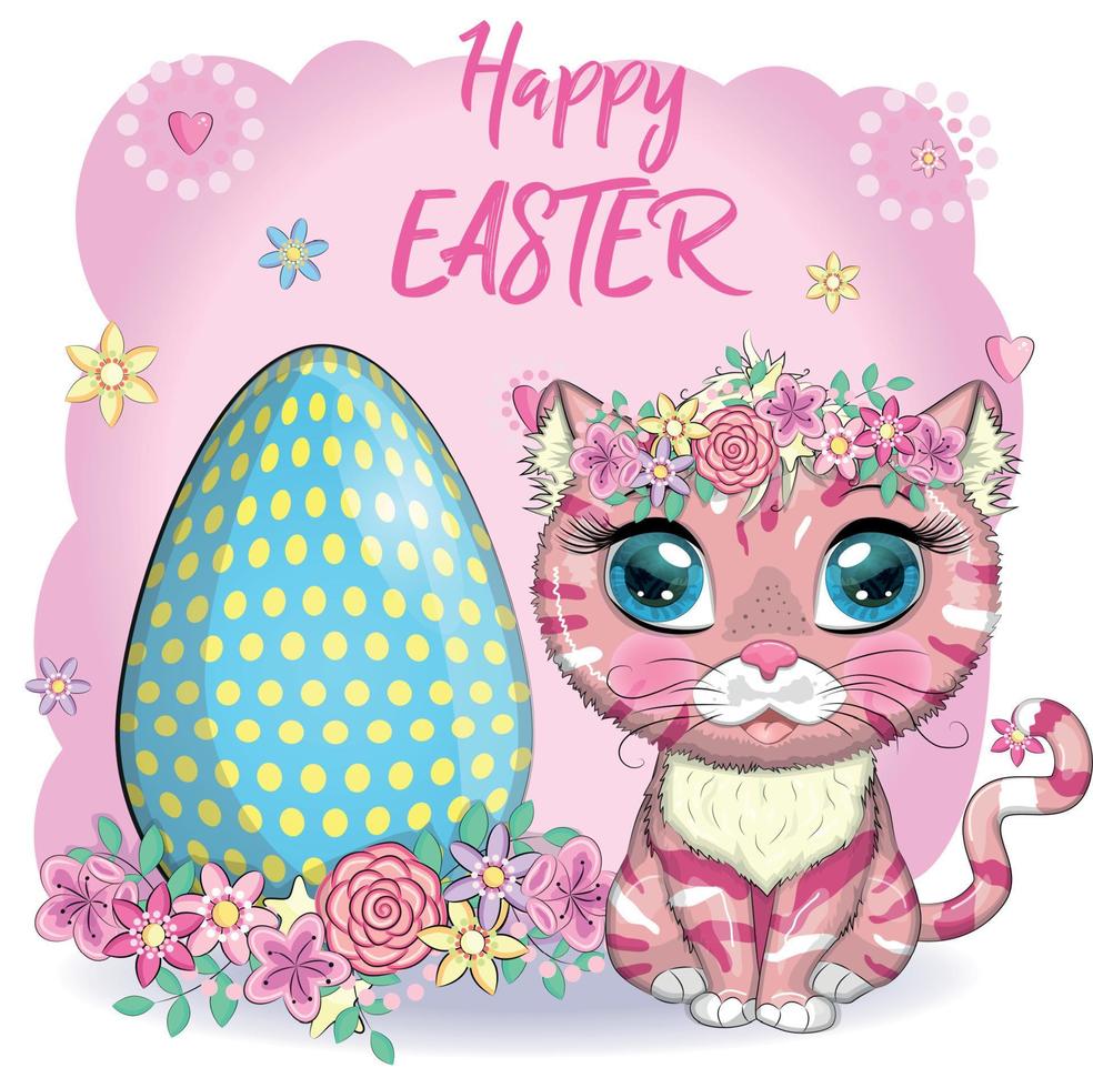 lindo gato de dibujos animados cerca de una hermosa canasta de Pascua llena de huevos. feliz tarjeta de pascua vector