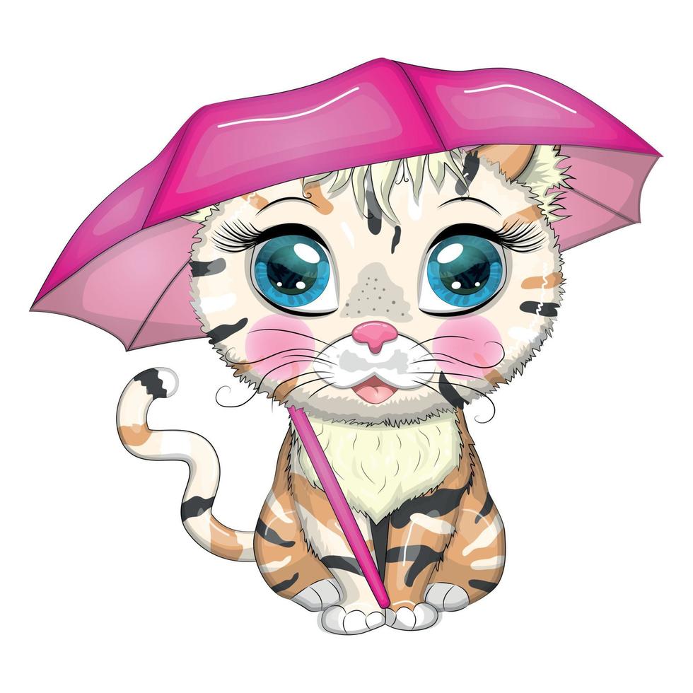 Cartoon cat with an umbrella. Autumn is coming. Cute child character, symbol of 2023 new chinese year vector