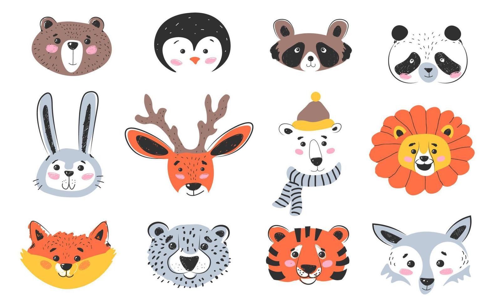 Animal portraits and muzzles, cartoon characters vector