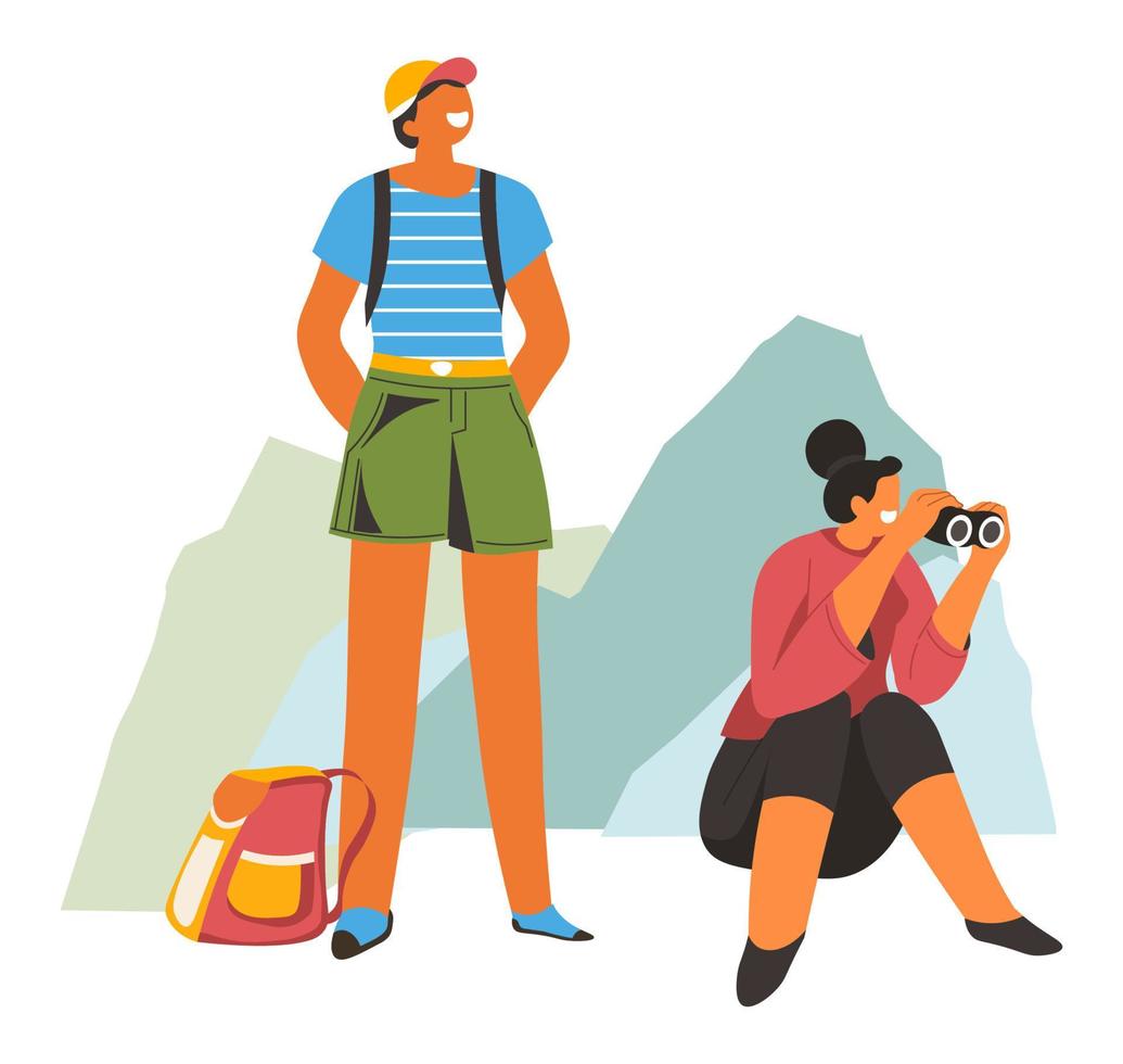 Couple hiking and trekking, mountaineering rest vector