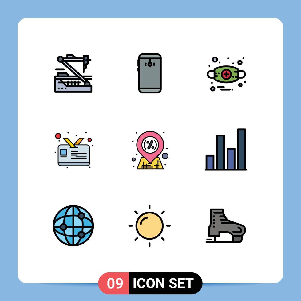 9 símbolos de signos de color plano de línea de relleno universal de anafilaxia de tarjeta de cámara de identificación de descuento elementos de diseño de vector editables