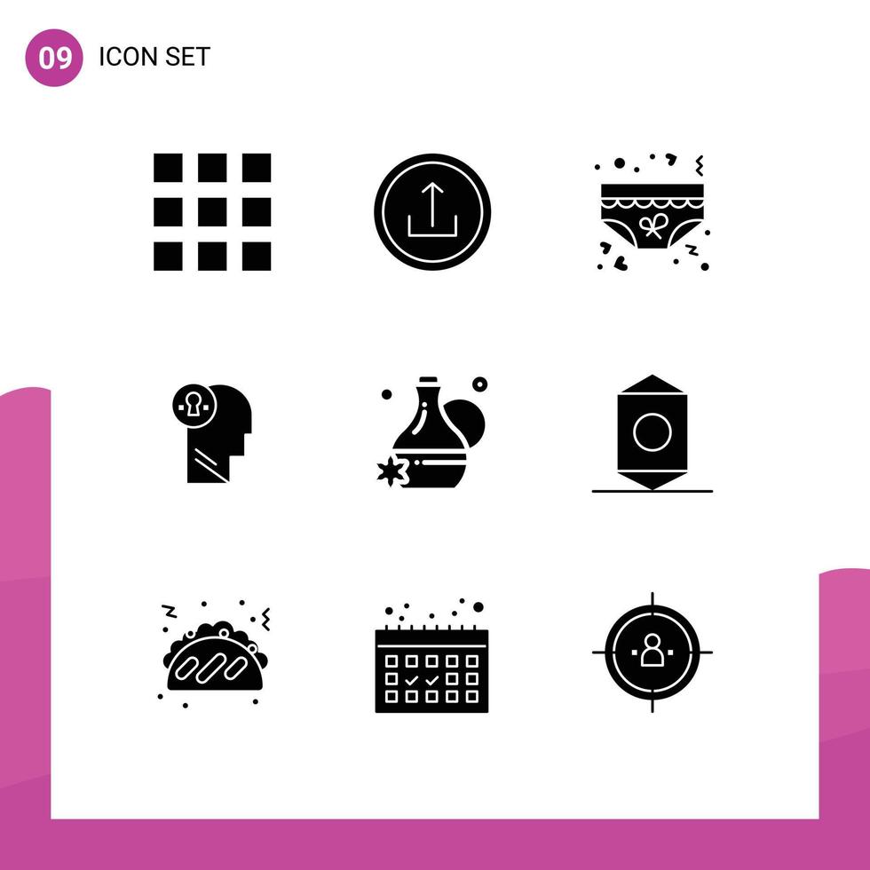Set of 9 Vector Solid Glyphs on Grid for floral essence mind love idea business Editable Vector Design Elements