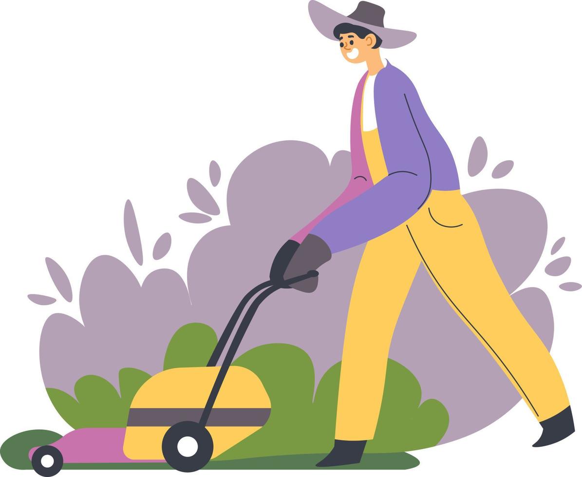 Gardening person with lawn mower tending yard vector