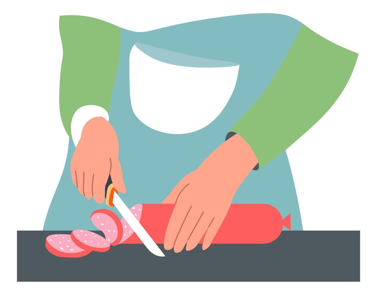 mujer cortando salchichas a bordo, cocinando comidas vector