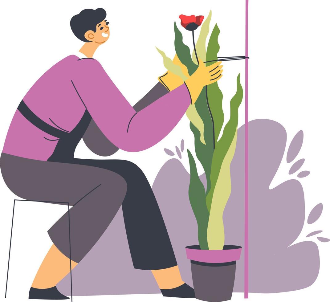 Gardener tending plants, florist shop or store vector