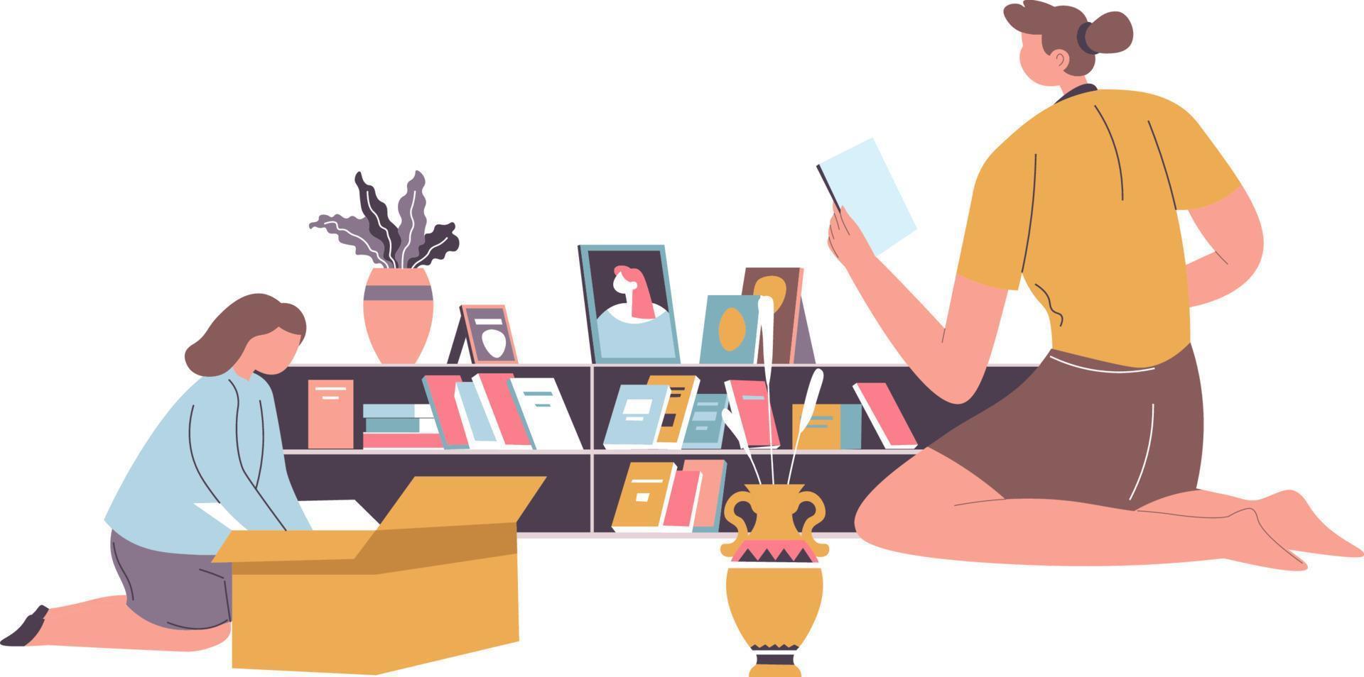 Child helping mom to clean and arrange documents and books on shelves. Mother and kid, household chores indoors. Mommy and daughter in living room, unboxing during moving in. Vector in flat style