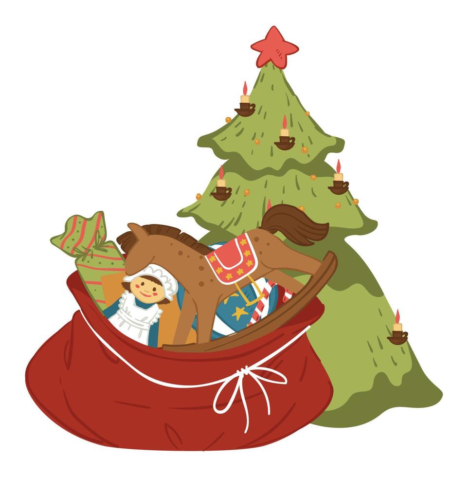 Pine tree with star on top and sack with presents vector