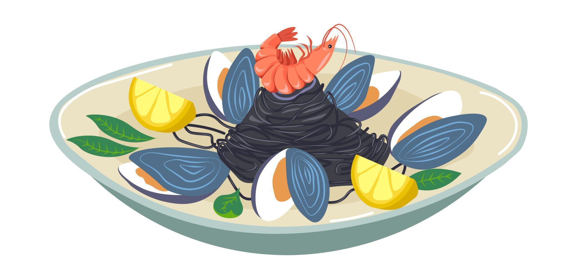 Mussels and shrimps, seafood salad with lemons vector