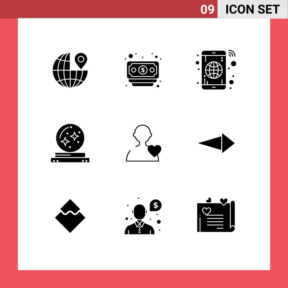 9 Solid Glyph concept for Websites Mobile and Apps heart user mobile star magic Editable Vector Design Elements