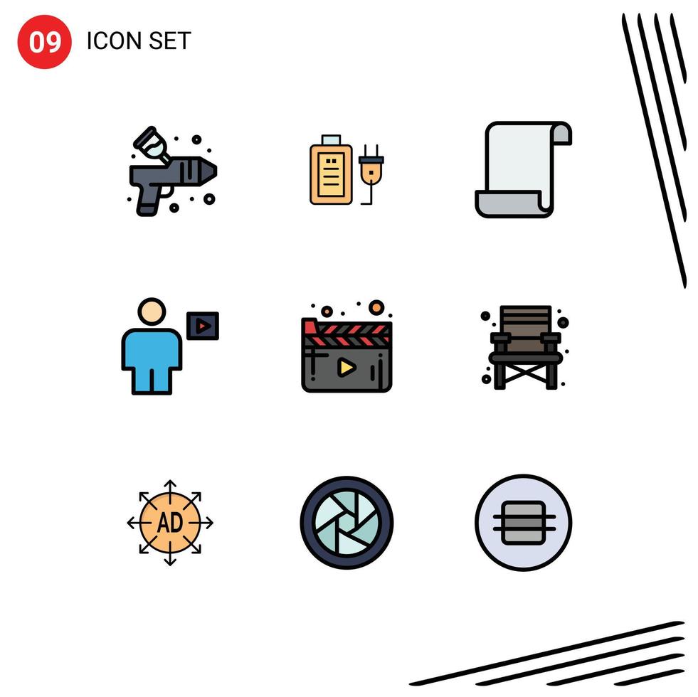 Pictogram Set of 9 Simple Filledline Flat Colors of movie video document playback body Editable Vector Design Elements