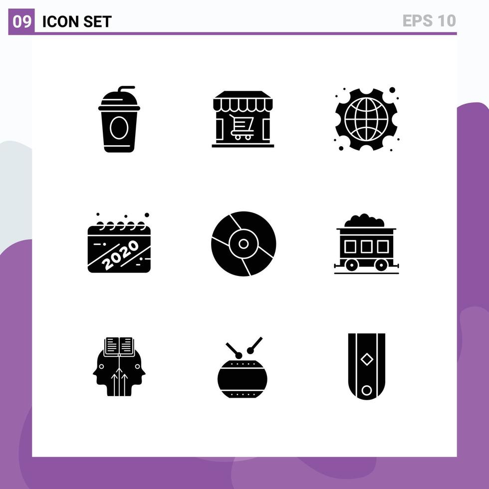 Set of 9 Vector Solid Glyphs on Grid for dvd celebration day year calendar Editable Vector Design Elements