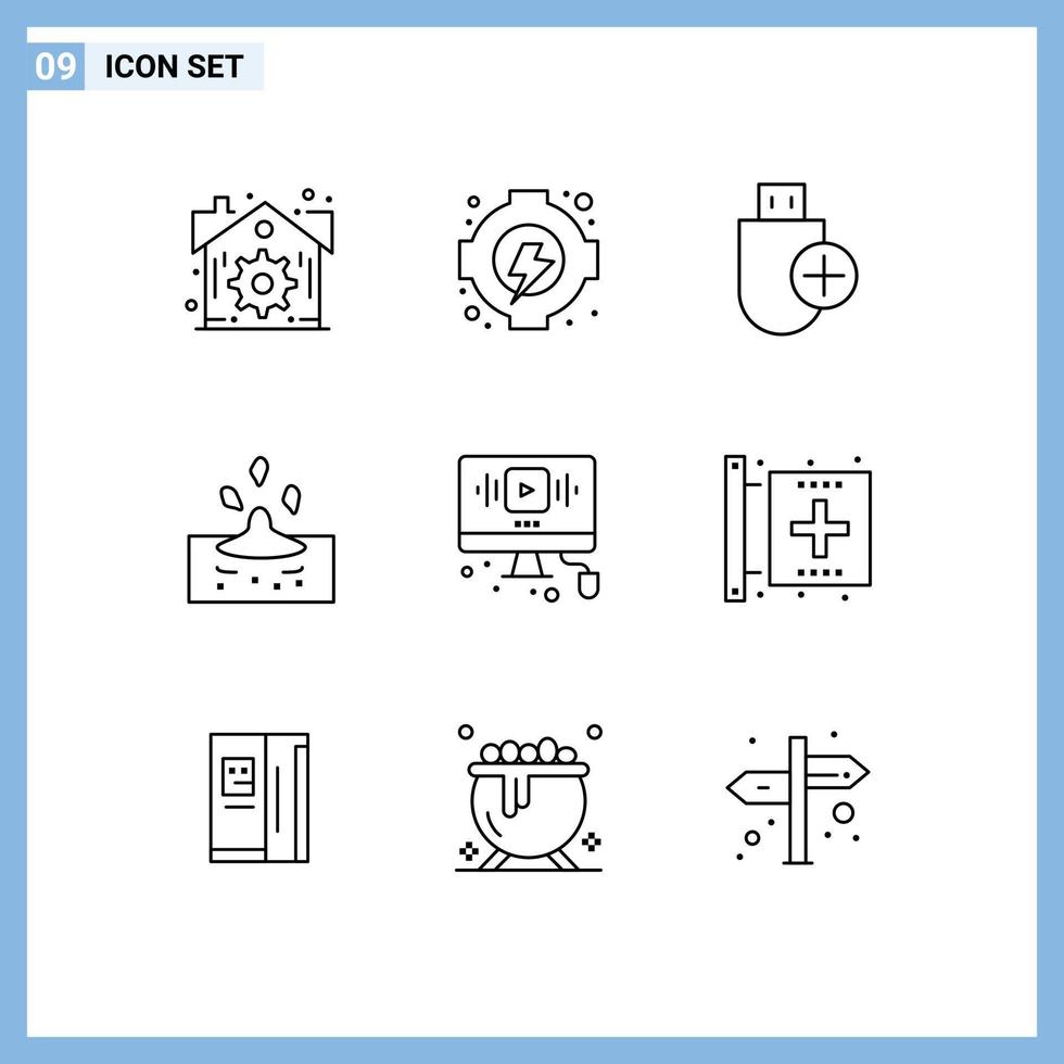 Mobile Interface Outline Set of 9 Pictograms of online video devices water rain Editable Vector Design Elements