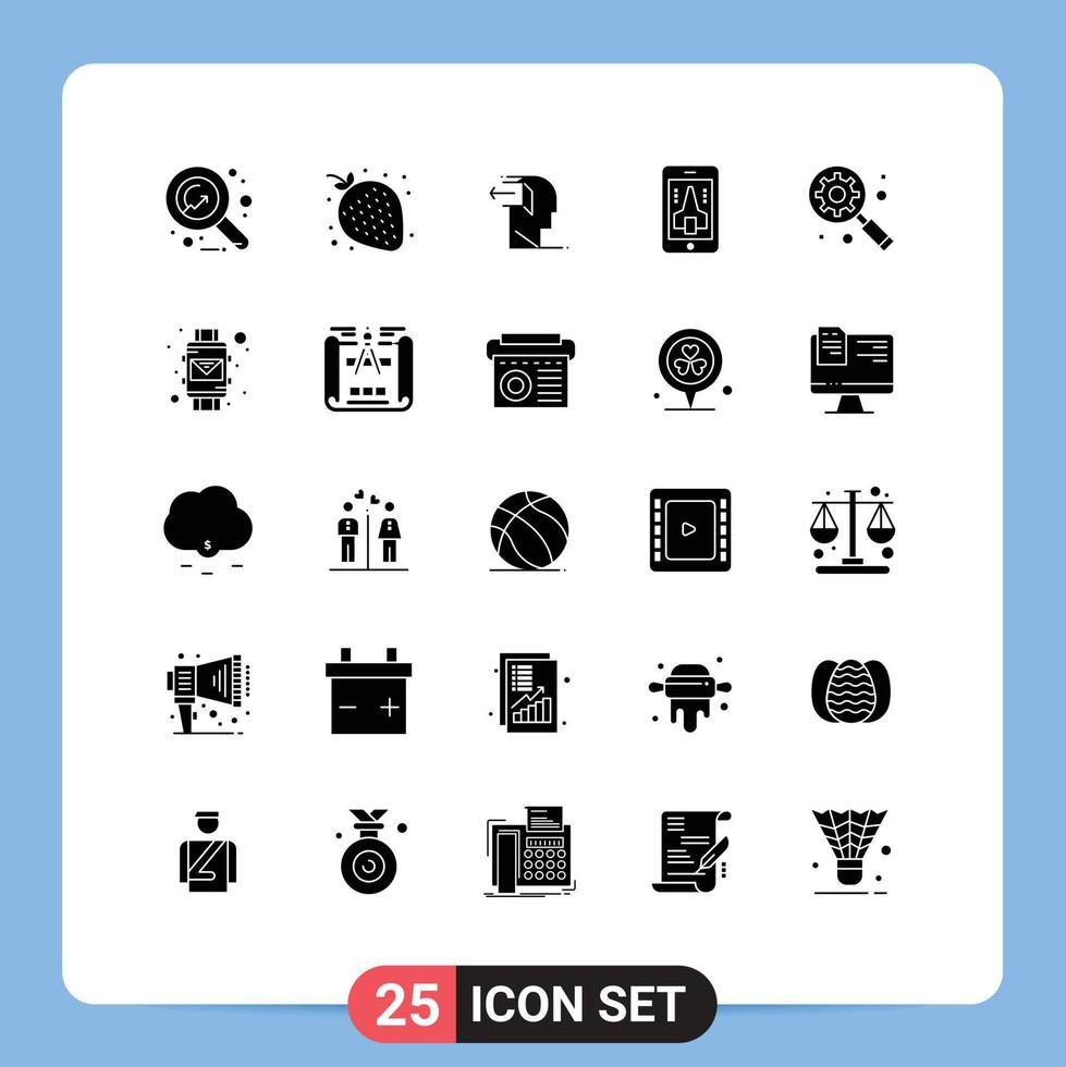 Set of 25 Commercial Solid Glyphs pack for digital marketing concept mobile door playing release Editable Vector Design Elements