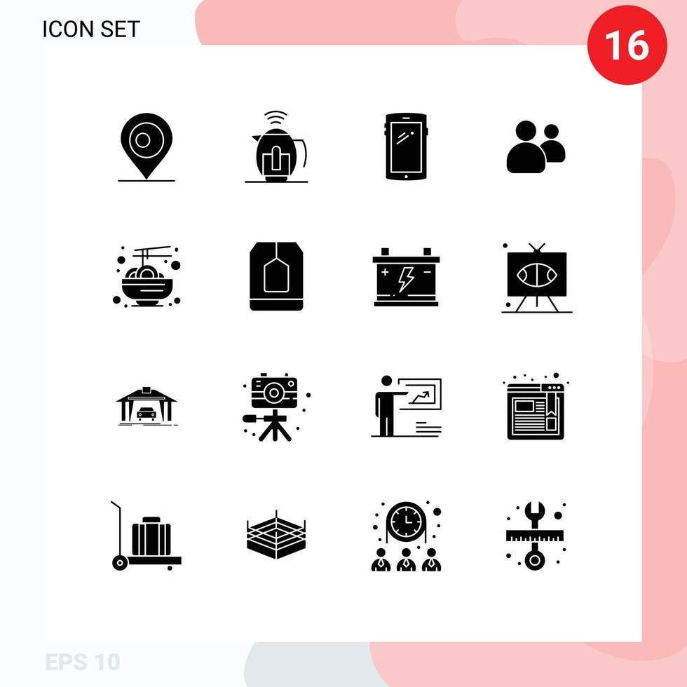 Set of 16 Vector Solid Glyphs on Grid for chinese team smart phone users friends Editable Vector Design Elements