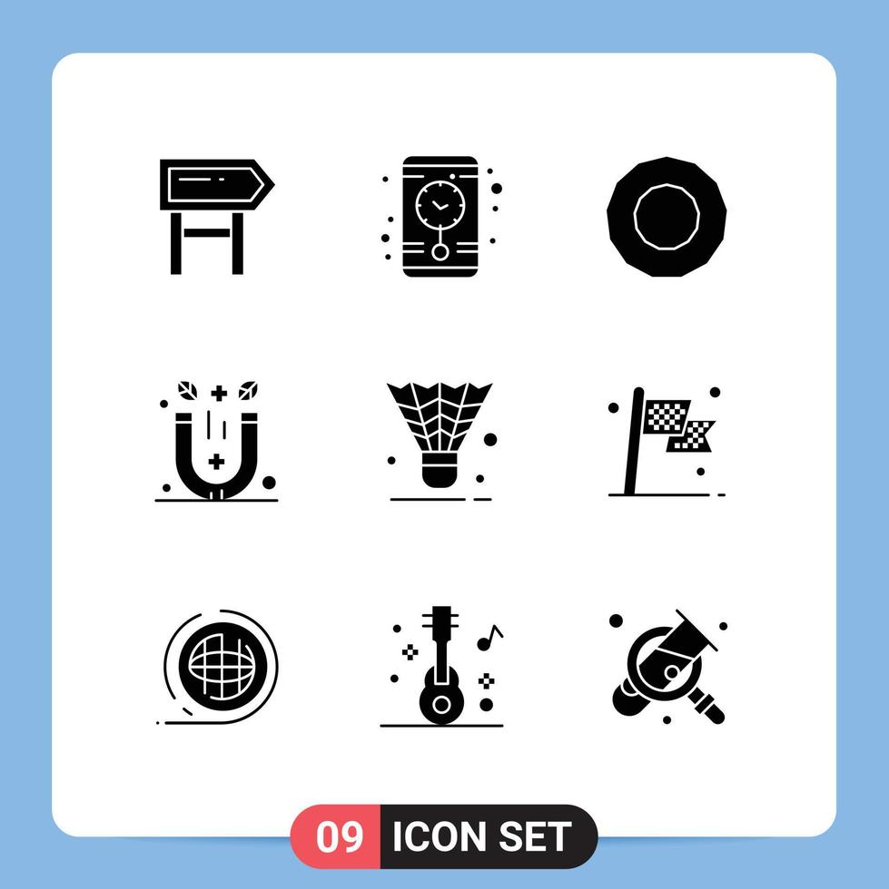 Pack of 9 Modern Solid Glyphs Signs and Symbols for Web Print Media such as sport shuttle bonus cock therapy Editable Vector Design Elements