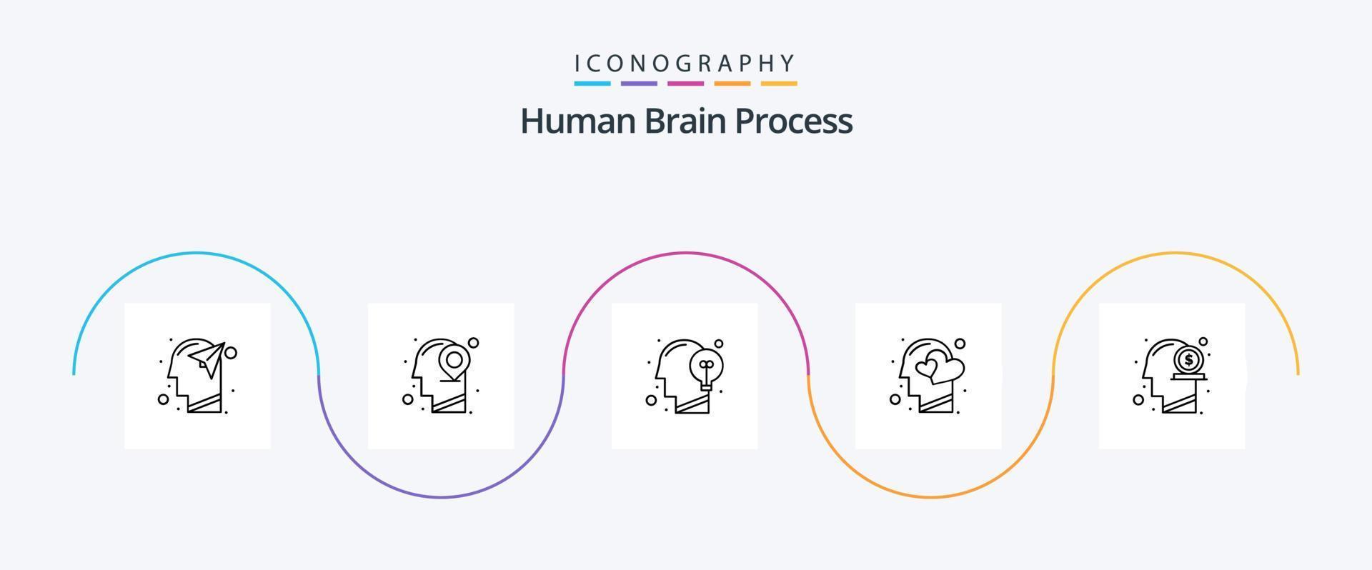 Human Brain Process Line 5 Icon Pack Including heart. feeling. mind. emotions. idea vector