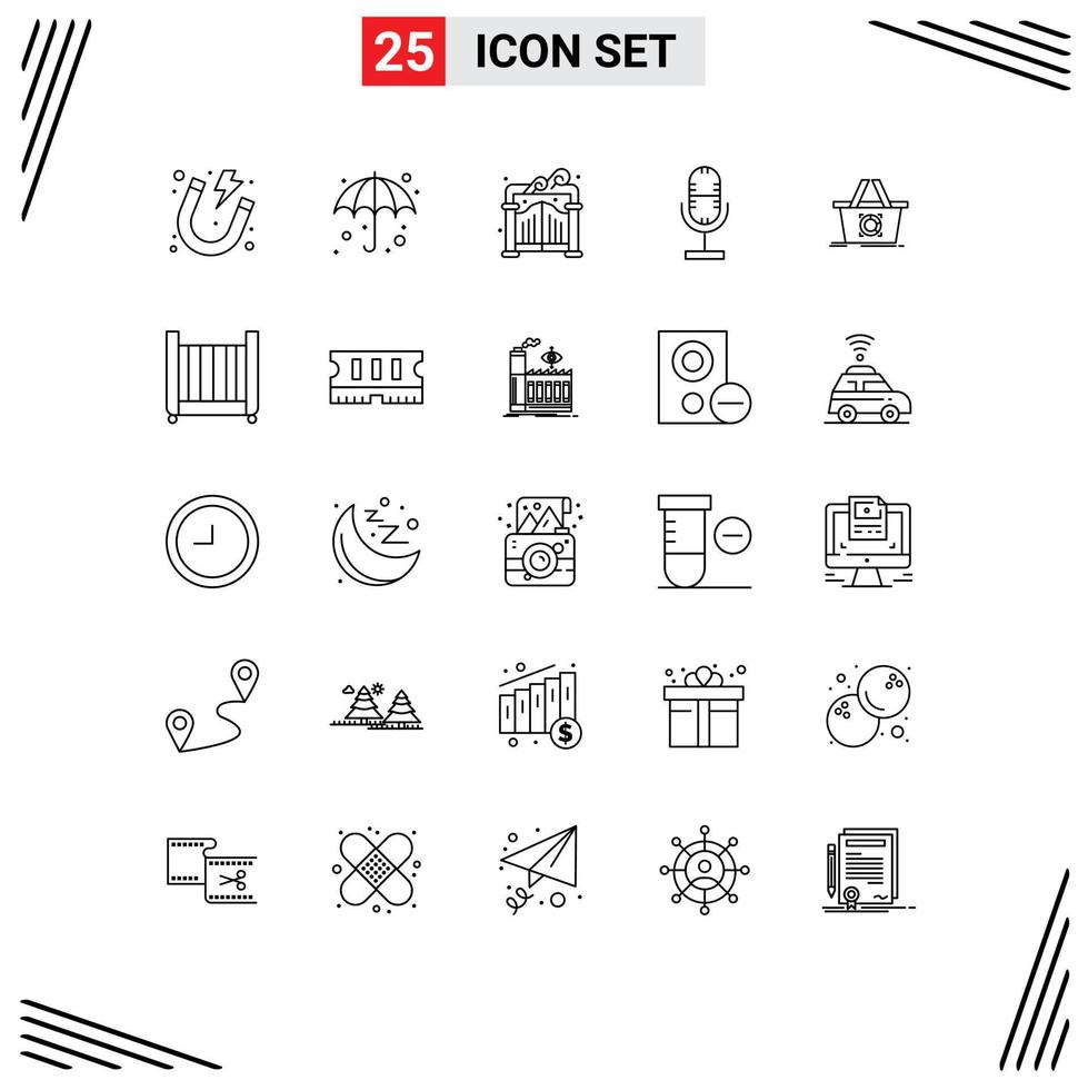 Set of 25 Modern UI Icons Symbols Signs for basket cart gate microphone broadcast Editable Vector Design Elements