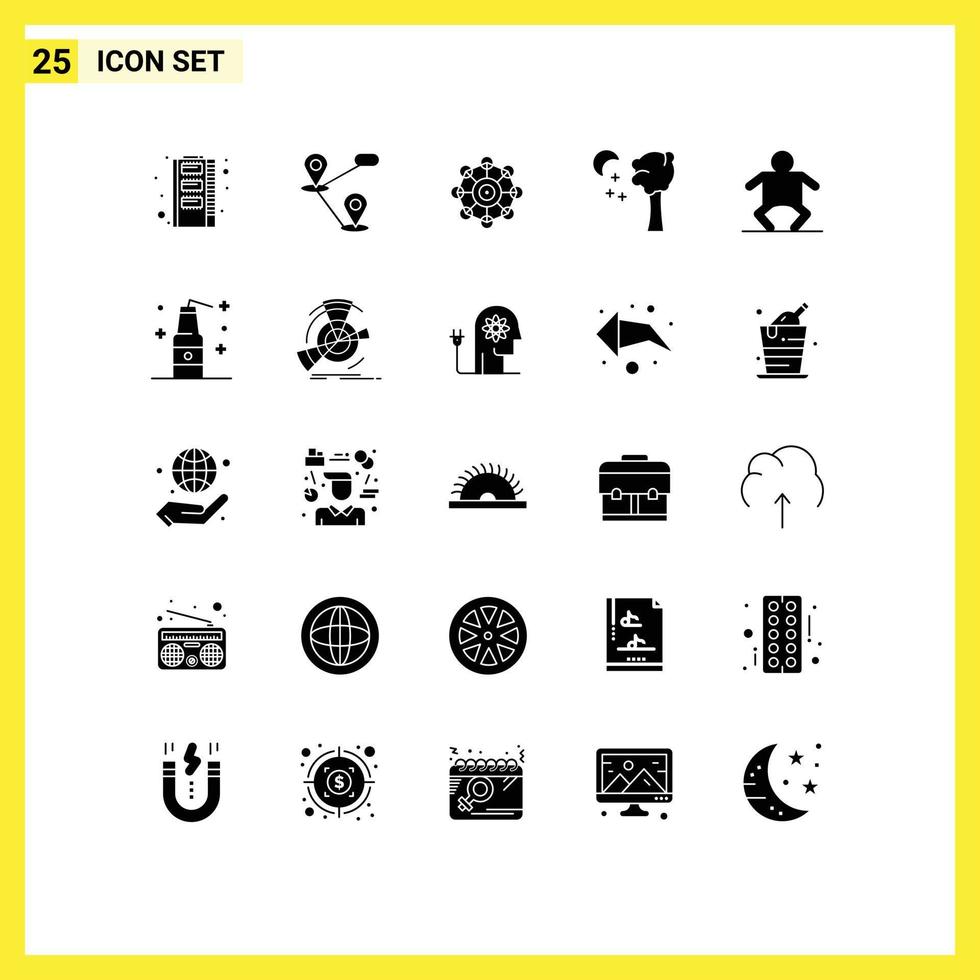 Mobile Interface Solid Glyph Set of 25 Pictograms of bomb human machine baby nature Editable Vector Design Elements