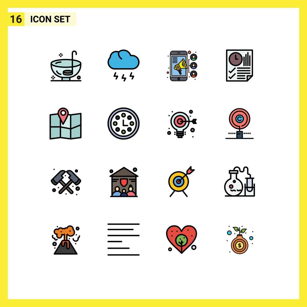 16 Universal Flat Color Filled Line Signs Symbols of time page weather document contact Editable Creative Vector Design Elements