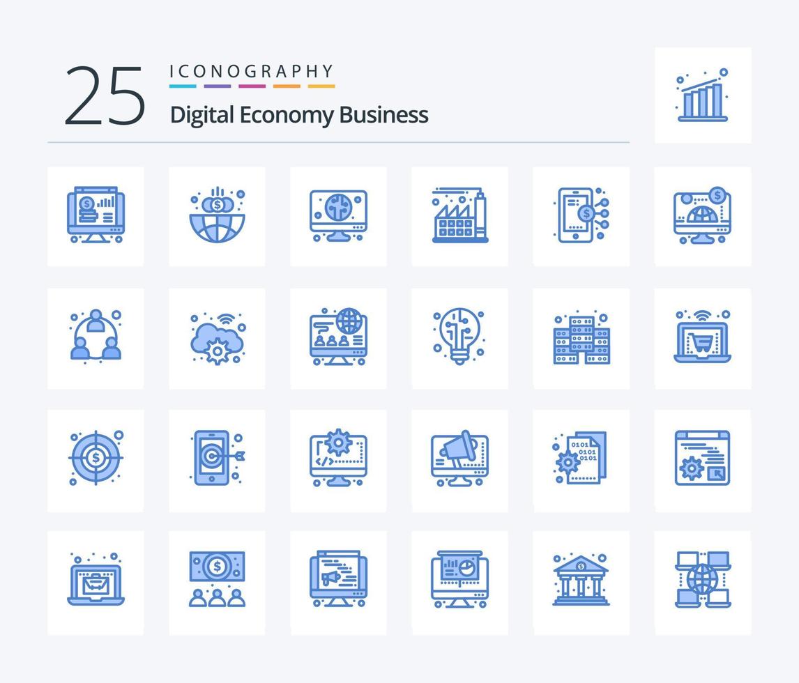 paquete de iconos de color azul de 25 negocios de economía digital que incluye compartir. negocio. digital. digital. fábrica vector