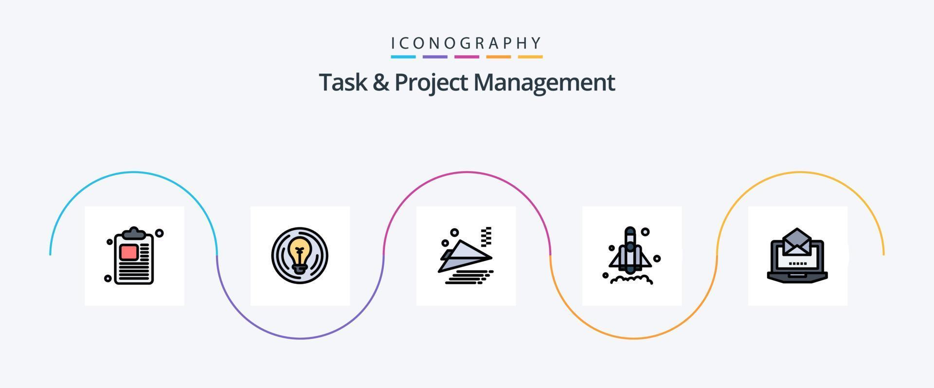 Task And Project Management Line Filled Flat 5 Icon Pack Including open. laptop. airplane. server. rocket vector