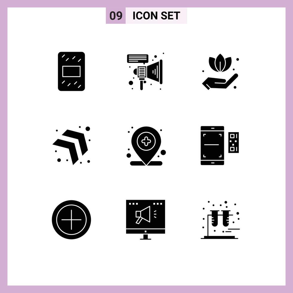 Set of 9 Vector Solid Glyphs on Grid for qr medical leaf map hospital Editable Vector Design Elements