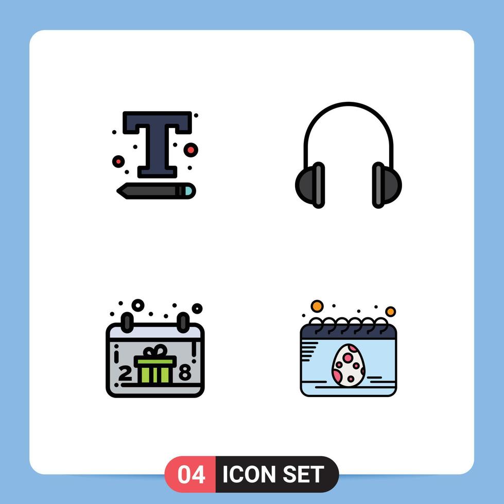 Group of 4 Filledline Flat Colors Signs and Symbols for font sound text settings headphones gift box Editable Vector Design Elements