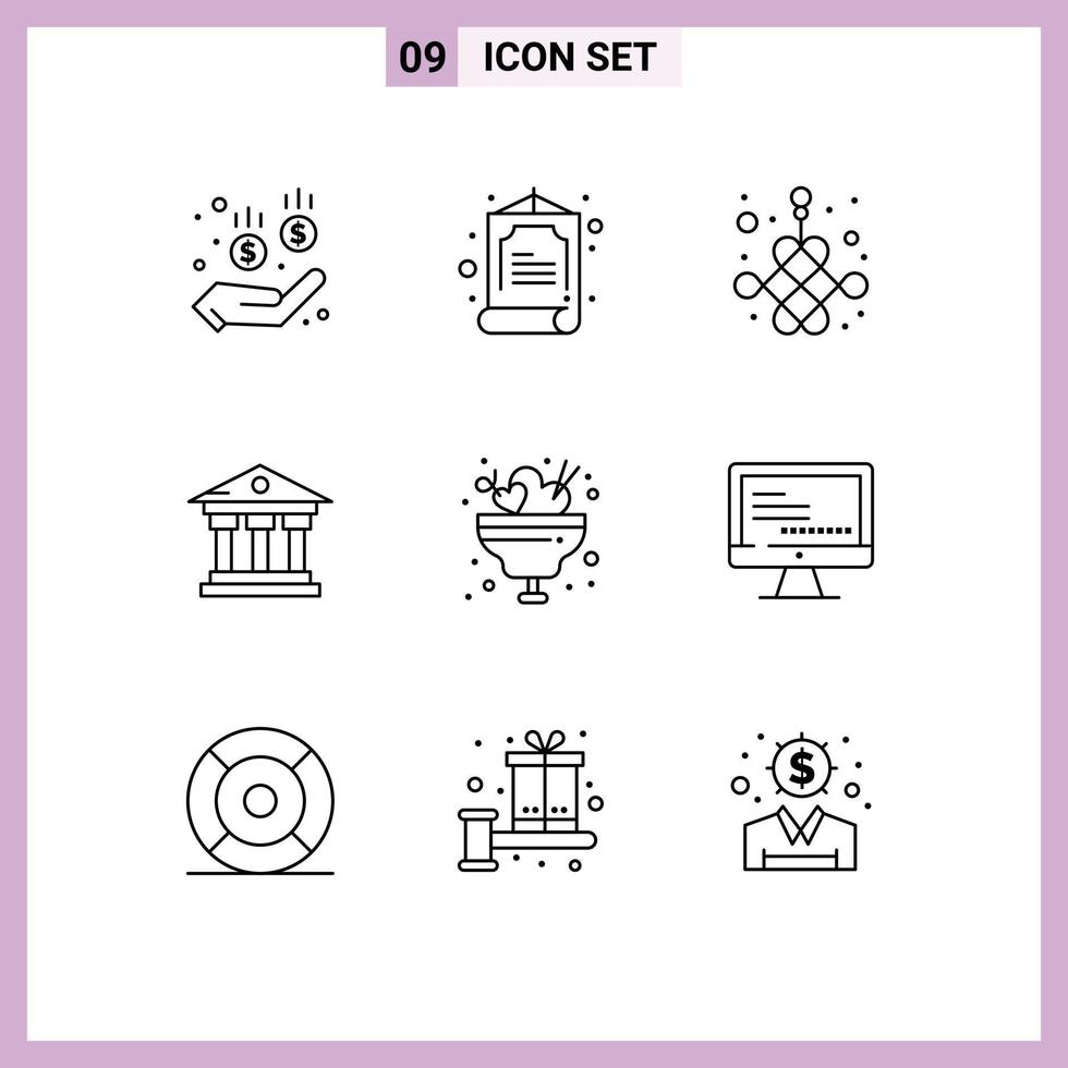 Group of 9 Outlines Signs and Symbols for ice food new love bowl money Editable Vector Design Elements