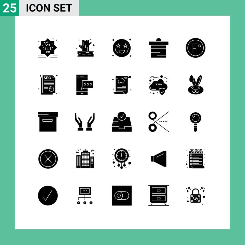 Solid Glyph Pack of 25 Universal Symbols of degree money adoration finance deposit Editable Vector Design Elements