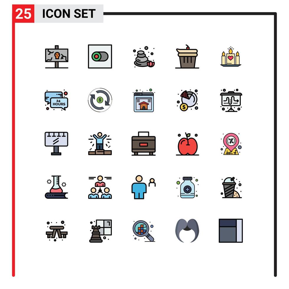 Pack of 25 Modern Filled line Flat Colors Signs and Symbols for Web Print Media such as heart candle stones kitchen done Editable Vector Design Elements