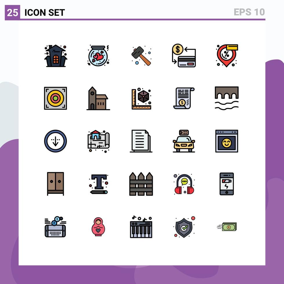 Group of 25 Filled line Flat Colors Signs and Symbols for cashless card thrift watch kit pound Editable Vector Design Elements