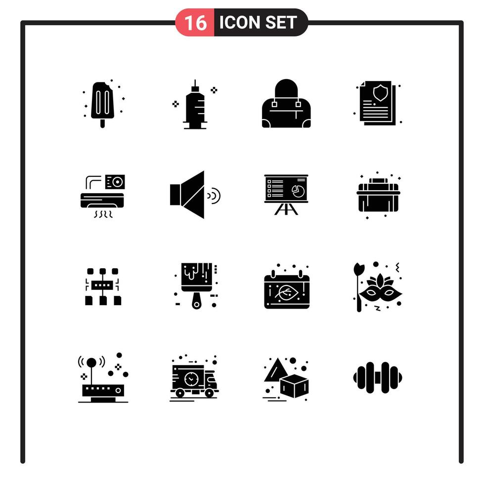 Set of 16 Vector Solid Glyphs on Grid for mute ac bag aircondition document Editable Vector Design Elements