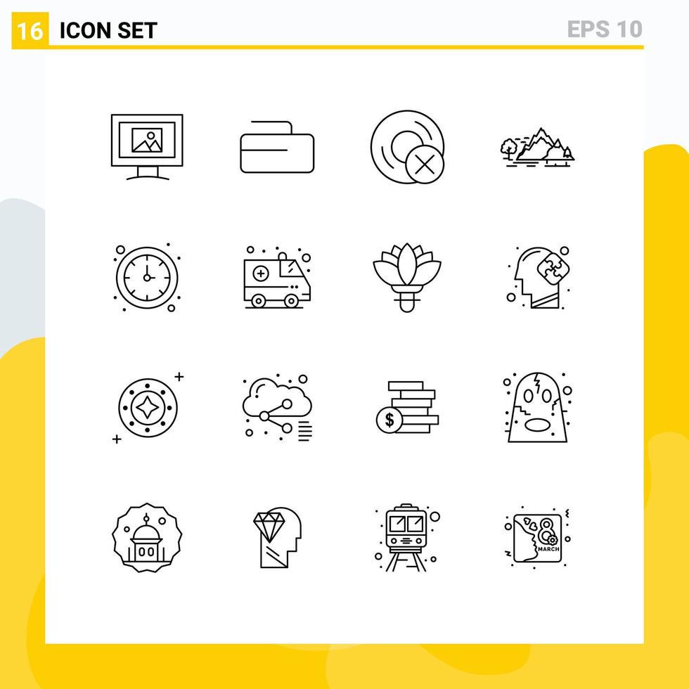Set of 16 Modern UI Icons Symbols Signs for time tree disc mountain landscape Editable Vector Design Elements