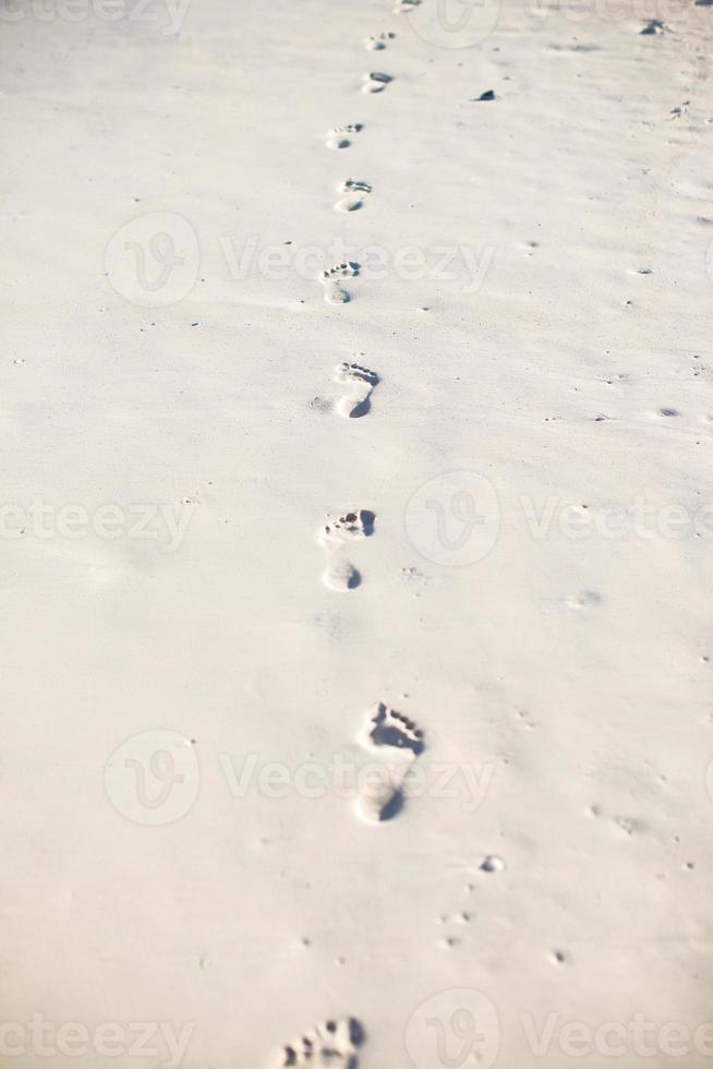 Human footprints on white sand of the Caribbean island photo