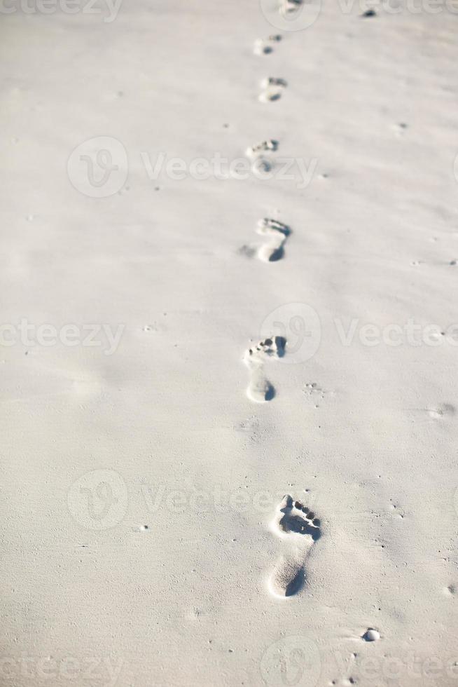 Human footprints on white sand of the Caribbean island photo