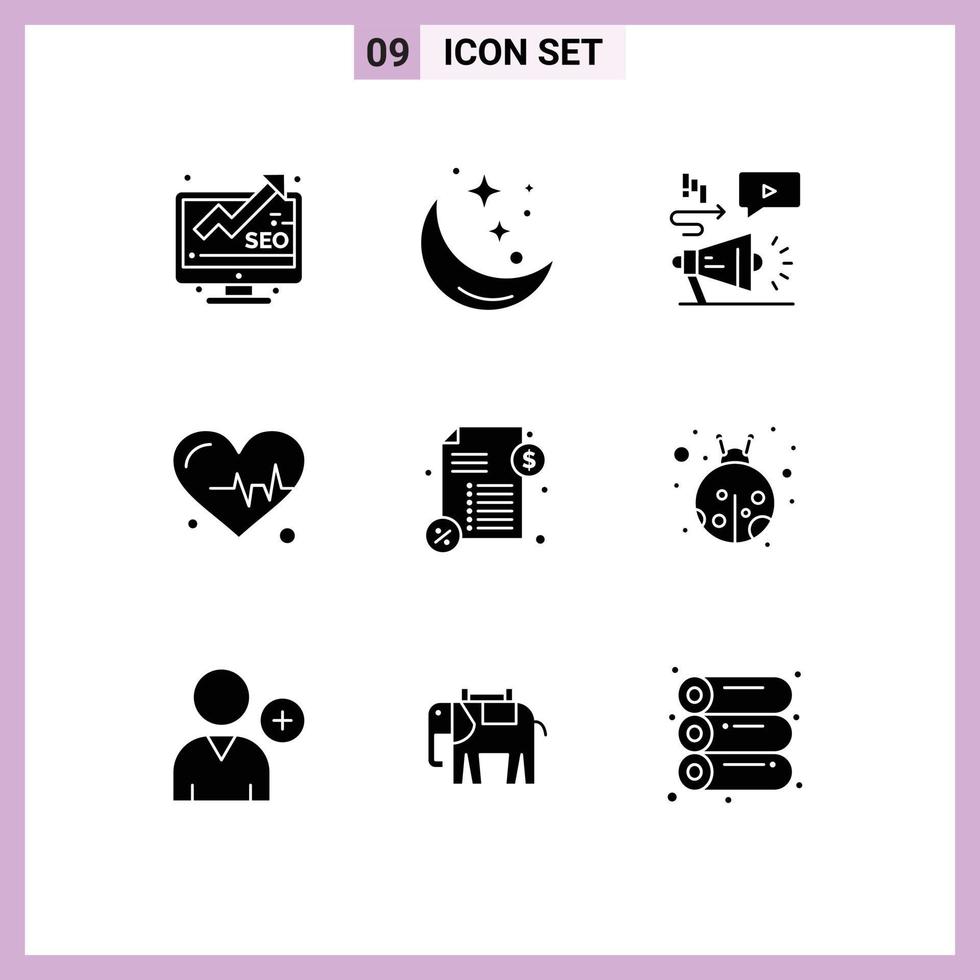 9 User Interface Solid Glyph Pack of modern Signs and Symbols of money science space beat megaphone Editable Vector Design Elements